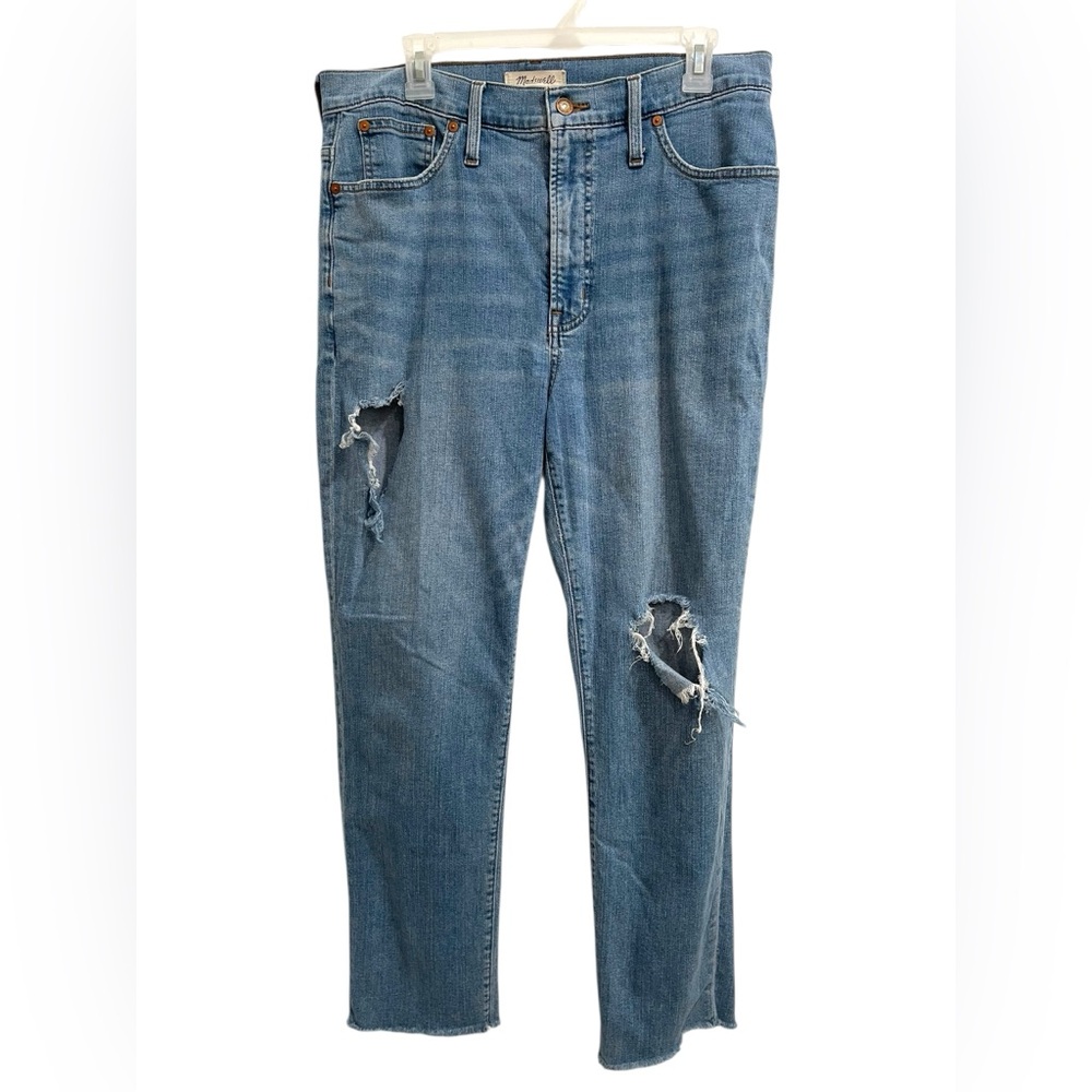 Madewell The Perfect Vintage Jeans Ripped Blue Straight Leg Raw Hem Size 31